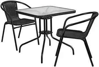 28-дюймовый Квадратный стеклянный металлический стол с серой ротанговой окантовкой и 4 серыми стульями из ротанга