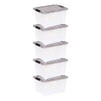 32-литровый прозрачный пластиковый ящик для хранения Stack & Pull ™ с пряжками, серый, набор из 5