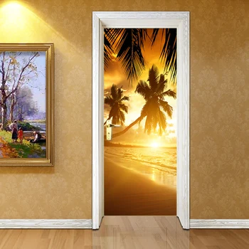 3D Наклейка На Дверь Современный Пляж Закат Пейзаж Фрески Обои Гостиная Спальня Домашний Декор Наклейки На Стены ПВХ Водонепроницаемая Фреска