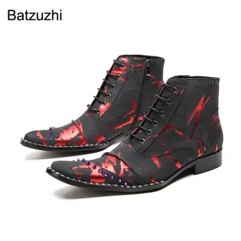 Batzuzhi/ мужская обувь ручной работы, роскошные модные черно-красные ботильоны из натуральной кожи для мужчин, вечерние и свадебные боты!