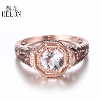 HELON Solid 14k 10K Розовое золото, 6 мм Круглый, из натурального морганита, Обручальное кольцо, Женское Винтажное Модное ювелирное изделие