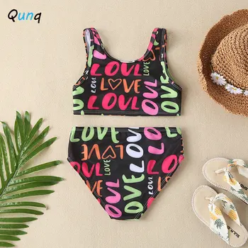 Qunq/ Новый модный жилет без рукавов с принтом для девочек, раздельный купальник, детская праздничная пляжная повседневная одежда для детей от 3 до 8 лет