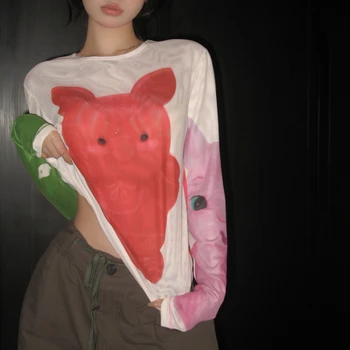 Весна 2023 года для женщин, укороченные топы, винтажная корейская Ретро футболка с сетчатым принтом свиньи на Хай-стрит, уличная футболка