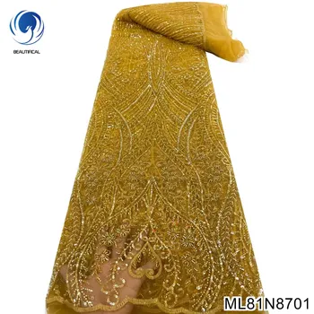 Высококачественная золотая кружевная ткань в нигерийском стиле 2022 года с благородным платьем, Супер роскошная вышивка бисером в полный рост с блестками ML81N87