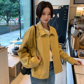 Желтая повседневная куртка из искусственной кожи для женщин, осень 2023, Новая элегантная Модная Свободная верхняя одежда в корейском стиле с карманами на пуговицах, пальто, леди 22809