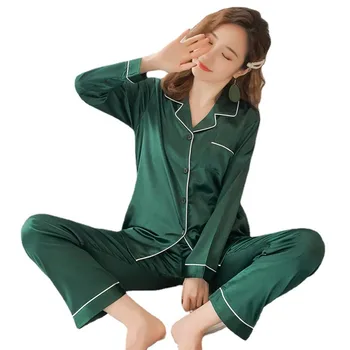 Женский пижамный комплект большого размера с длинными рукавами, повседневная пижама с длинным рукавом контрастного цвета, кардиган на пуговицах с карманом, Домашняя одежда