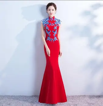 Красная длинная свадьба русалки Чипао, Китайский Восточный женский этап летней вышивки