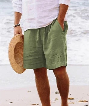 Летние Хлопчатобумажные Льняные шорты 2023, Мужские Пляжные Шорты, Однотонные Повседневные Короткие брюки на шнурке, Дышащие Свободные Шорты для мужчин