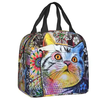 Милый Кот с абстрактной живописью, Изолированная сумка для ланча, Портативный кулер, Термальный Ланч-бокс для женщин, сумки для школьных контейнеров для пикника