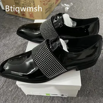 Мужские туфли со стразами в британском стиле, черные кожаные туфли без каблуков с острым носком, мужские модные лоферы