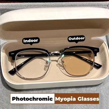 Мужские умные фотохромные очки, меняющие цвет, Модные сверхлегкие очки для близорукости, Женские Ретро очки для близорукости с минусом диоптрий