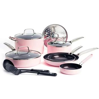 Набор посуды из керамики и сковородок, пригодный для мытья в посудомоечной машине, 12 предметов, розовый