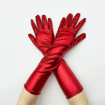 Перчатки для этикета средней длины цвета: золотистый, серебристый, облегающие нарукавники, варежки для выступлений на вечеринке, женские сексуальные длинные перчатки длиной до локтя