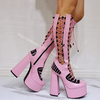 Розовые Босоножки На открытой Платформе с боковой Молнией, Однотонные Женские Летние Пикантные Туфли на высоком Массивном Каблуке 2023, Zapatos Para Mujere