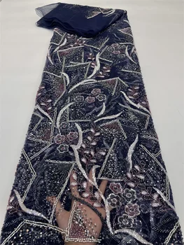 Темно-синяя высококачественная французская кружевная ткань с вышивкой для Жениха, Африканская Нигерийская ткань с пайетками Для свадебного платья