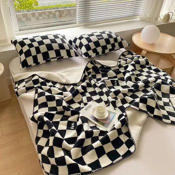 Черно-белое одеяло в шахматном порядке, ретро-модный чехол для подушки с хорьком, Кашемировое Мягкое Шерстяное Одеяло для отдыха, Украшение кровати