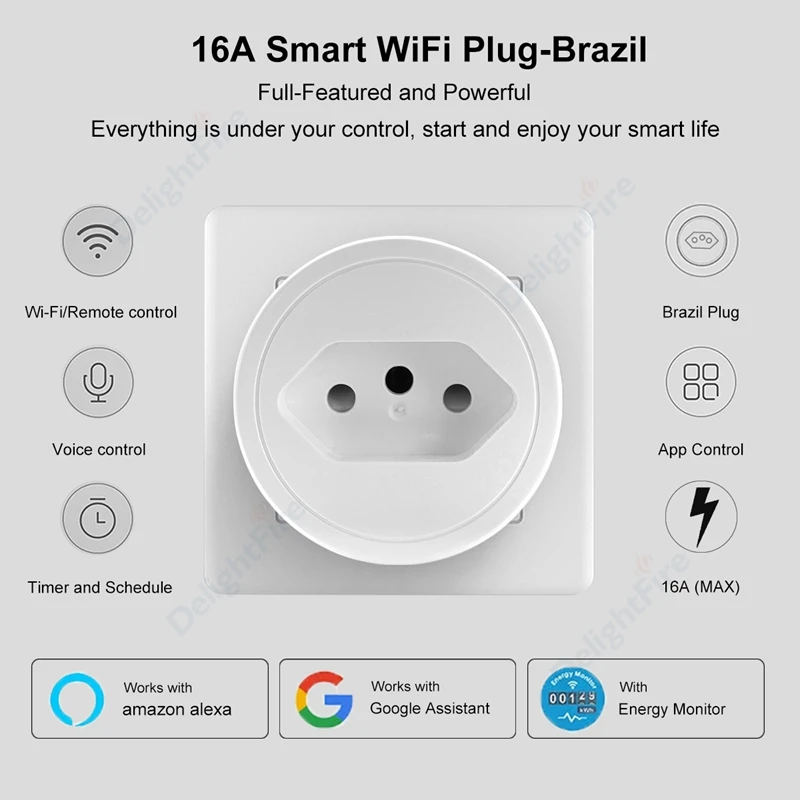 16A Бразильская вилка Tuya WiFi Умная розетка Интеллектуальная розетка переменного тока Контроль мощности синхронизации Голосовое управление Работает для Google Home Alexa