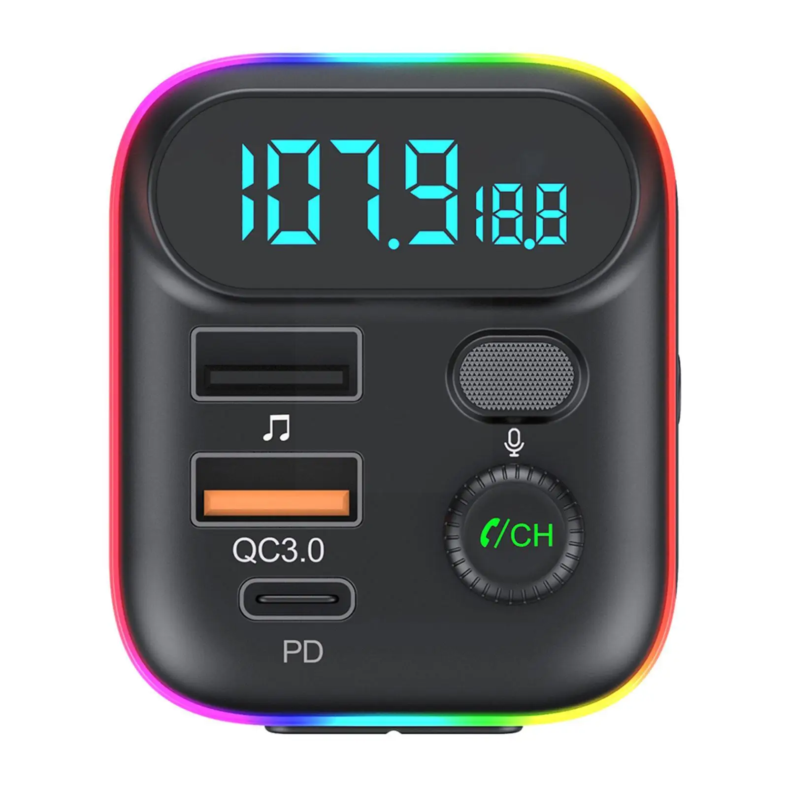 Автомобильный Bluetooth 5,0 FM-передатчик PD 20 Вт Type-C QC3.0 Двойной MP3 USB Музыкальный Атмосферный плеер Без потерь, Легкое Зарядное устройство 7-colorful A4M5